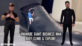 Unaware giant business man Body climb and explore