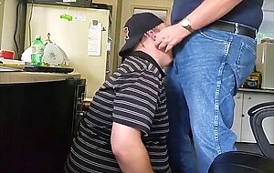 Daddy trucker dumps a quick load in Chubby Boy's mouth...