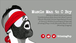 Grinning Pup worships muscle with erotic roleplay and degraded cunt