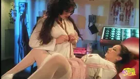 Curvy doctor inserts big dildo into her tight, naughty patient's pussy