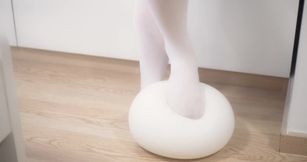 Tight white socks stomp balloon till his cock bursts cum splatter