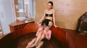 I was on the spa having a good time and I was harassed by a brat 18 years old guy I gave him a Scissorhold lesson in the bathtub Water sports are different on clips4sale