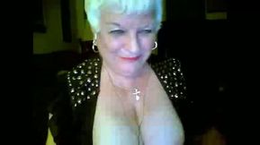 Short haired wrinkled blonde cougar was bragging of her big boobies