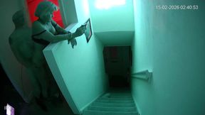 Caught on Security Cam Cheating Woman Flirts and Fucks on the Stairs
