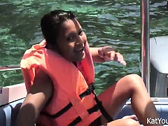 Latina teen newbie Kat Young takes a ride on the boat in her bikini