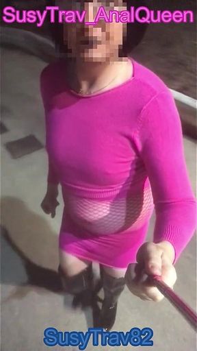 Outdoor Public Slutwalk in Sexy Pink Outfit