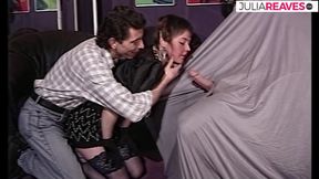 Granny sucks babes cunt while she gets fucked with a blindfold on