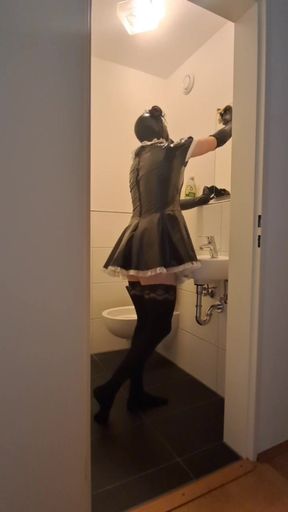 Caged Sissy Maid Slave - Cleaning the Bathroom for Mistress and Her Boyfriend
