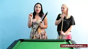 Busty Lesbians strip naked after losing billiards bet
