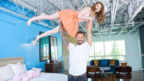 Good-looking redhead chick Mazy Myers rides on a long boner