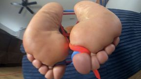 Bondage sole fucking (thick load rubbed into my soles)