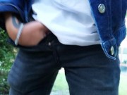 Piss mess - 3 times pissing with uncut cock public - cock and balls out of jeans
