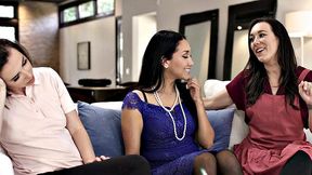 LEZ BE BAD - Housewife MILF Vicki Chase Gets DPed By House Cleaners Casey Calvert & Sinn Sage