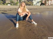 Wet shoot on a public beach with Crazy Model. Risky outdoor masturbation. Foot fetish. Pee in jeans