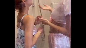 Real Backstage Fuck with real Lesbain Amateur couple after clothed wet shower - POV Threesome Sex