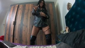 long black leather coat, ripped pantyhose and vibrator orgasm tease