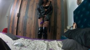 long black leather coat, ripped pantyhose and vibrator orgasm tease