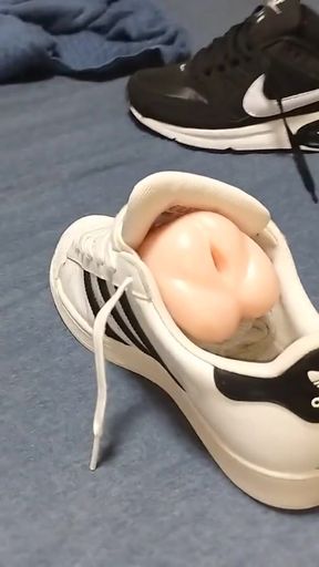 Sex with my wife's sneakers, Adidas Superstar and Nike Air Max Command, cumming inside   Clip 2