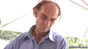 Old husband watching his young wife riding stranger's cock