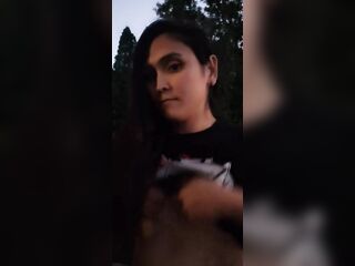Trans beauty plays with petite melons outdoors