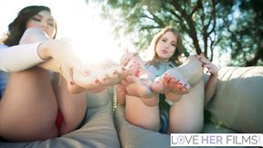 Erotic foot tease with Octavia Red and Freya Mayer