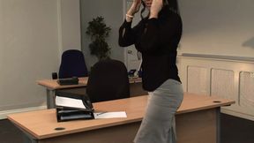 Hot secretary answers the phone while stud creams her face