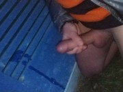 Risky public evening masturbation and cumshot at building