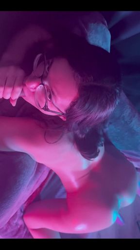 Sucking Dick While I Have a Toy Inside Me with Red and Blue Lighting