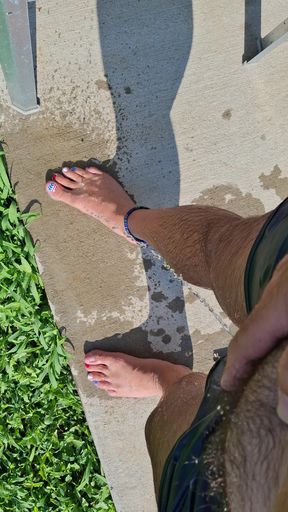Pissing on my own feet and toes with my cold shriveled dick after getting out of the pool