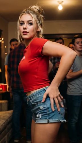 Blonde girl in red shirt and denim shorts