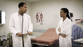 Sexy doctor Kira Noir lures her tall colleague to be fucked in the hospital