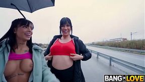Milf and petite babe ride Emilio's huge cock in outdoor threesome