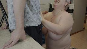 Mother-in-law Jerks off Cock and Gets a Big Cumshot on Tits