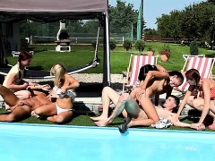 Wild CFNM orgy by the pool with seven teenagers