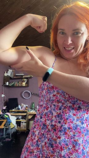Redhead Woman in Pretty Dress Showing Her Muscles and Tits, How Strong Is She and How She Can Boxing Topless
