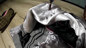 smoking fetish and bomber jacket destruction. glossy nylon jumpsuit tease and dirty masturbation