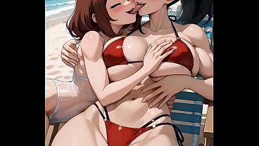 Momo Yaoyorozu en bikini quiere crema en su cuerpo musculado