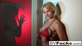 Blonde MOM Sarah toys with her wet kitty