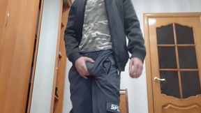 Russian horny guy pisses and jerks off his cock