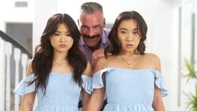 ”Asian teen step daughter twins share stepdad his huge cock”
