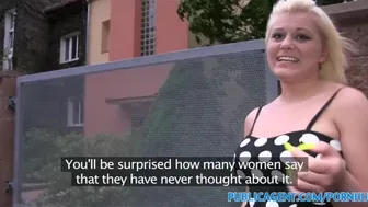 Busty Blonde Stranger Takes Thick Load on Her Shaved Pussy in Public