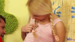 Blonde teen takes a hard cock from behind