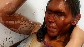 Wetlook Girl Covered In Chocolate - Messy Wam, Sexy, Stunning In Shower