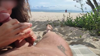 Fucking public blowjob on a German beach while people are walking