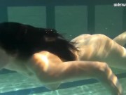Dressed up teen Irina Barna swims sexy in the pool