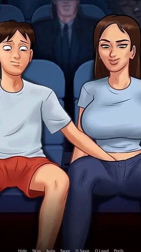 Summertime saga: stepbrother fingers his stepsister in the cinema