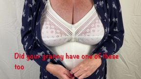 Mrs Mature Feet stripping down to her vintage Corsalette