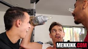 Restrained Benvi stuffing his holes with Des Irez and Apollo Fates cock
