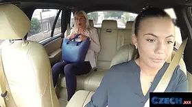 Czech sex - busty blonde slurps labia in cab lesbian pound