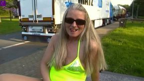 Public Squirt Show Cummed, Pee'd, and Tail-ed by 25 Truckers... YUM!